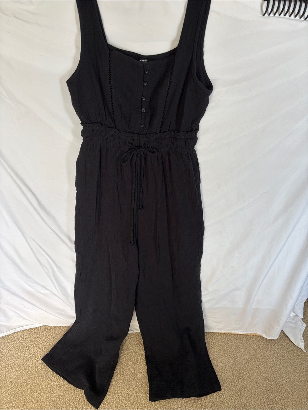 SHEIN Black Smocked-Waist Wide-Leg Jumpsuit